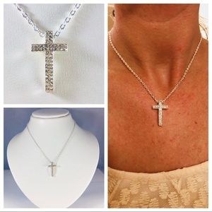 Crystal silver cross pave necklace women